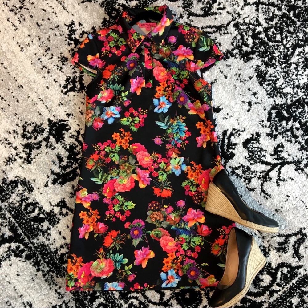 Betsey Johnson Floral Black Multi Print Polo Dress